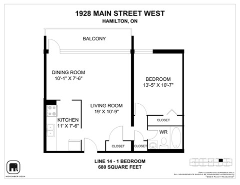 A floor plan for a 1 bedroom apartment at 1928 Main Street West, Hamilton, ON.